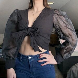 Black Sheer Puff Sleeve Tie Front Blouse | Cropped Statement Top